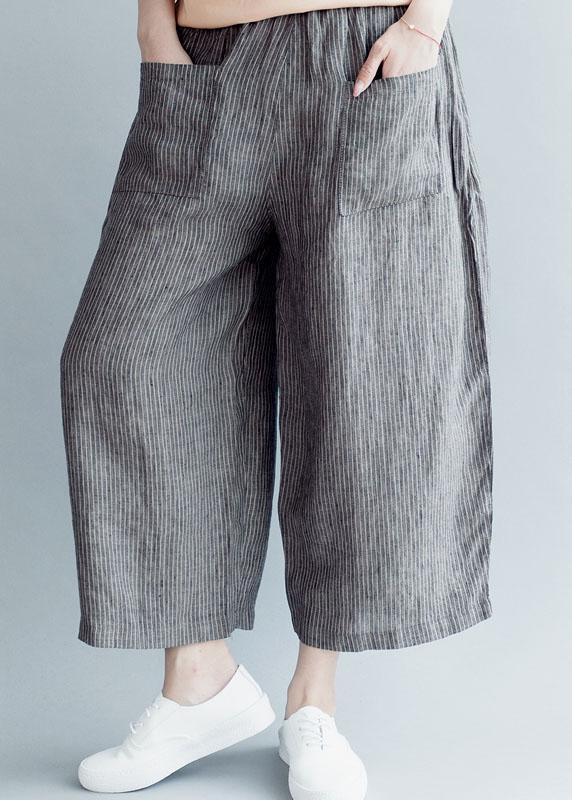 Grey Striped Pockets Wide Leg Fall Casual Pants - Omychic