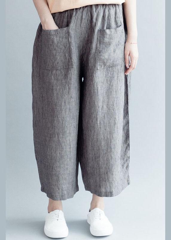 Grey Striped Pockets Wide Leg Fall Casual Pants - Omychic