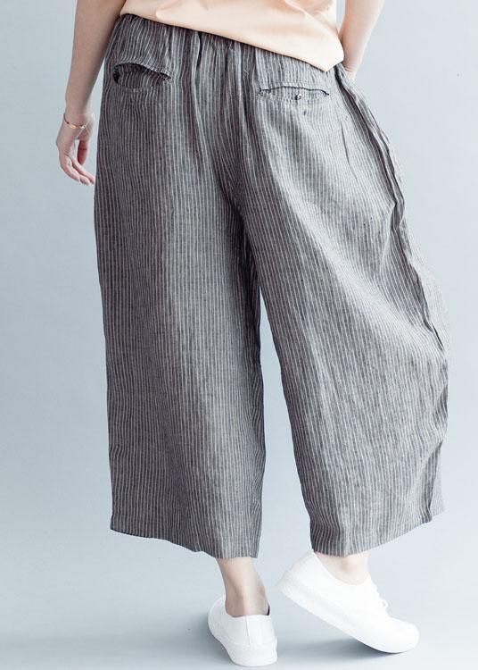 Grey Striped Pockets Wide Leg Fall Casual Pants - Omychic