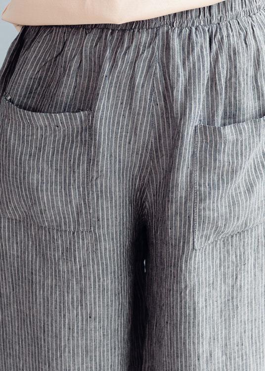 Grey Striped Pockets Wide Leg Fall Casual Pants - Omychic