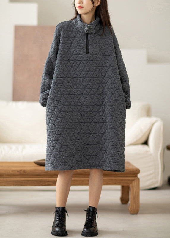 Grey Warm Cotton A Line Dress Stand Collar Oversized Spring