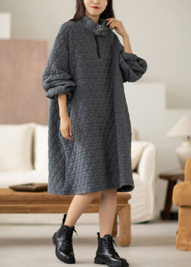Grey Warm Cotton A Line Dress Stand Collar Oversized Spring