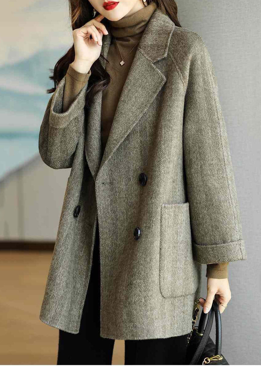 Grey Warm Woolen Coats Oversized Double Breast Fall