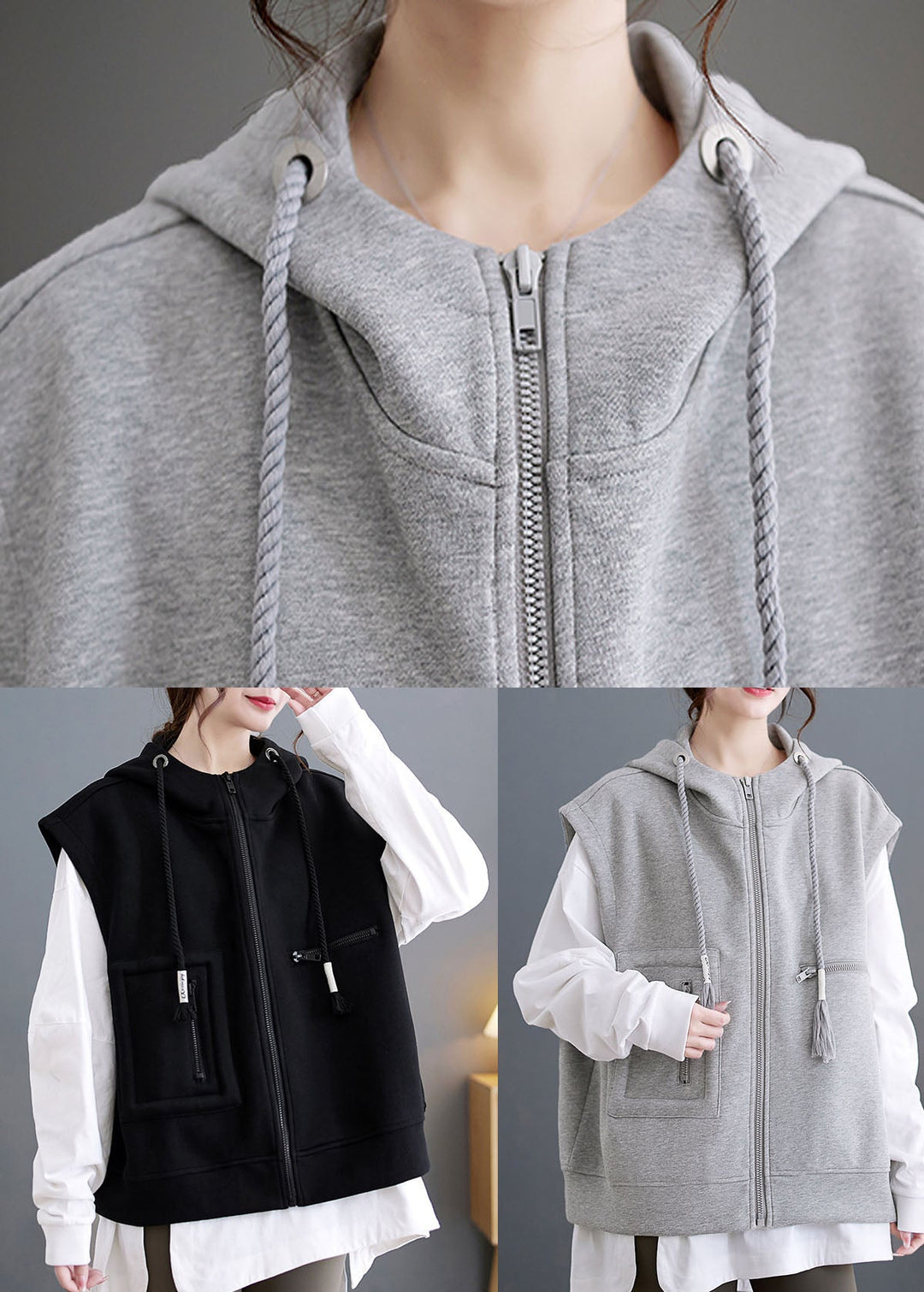 Grey Zippered Drawstring Hooded Waistcoat Sleevele