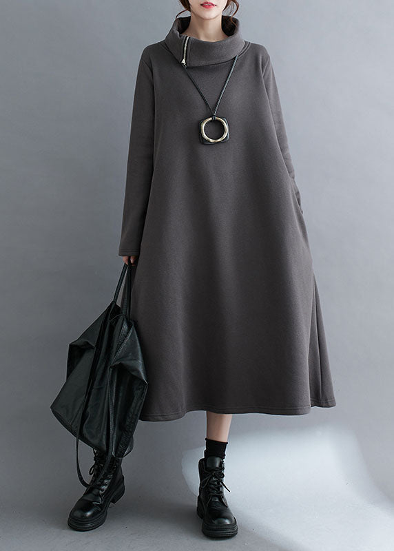 Grey Zippered Fleece Dress Maxi Sweatshirt Dress Winter