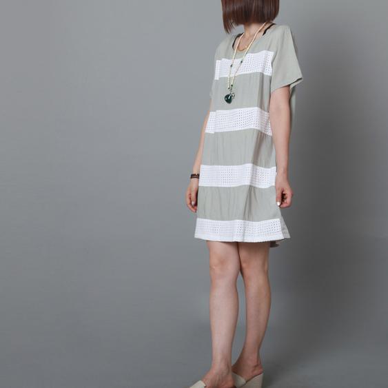 Grey casual striped shift sundress plus size summer linen dress - Omychic
