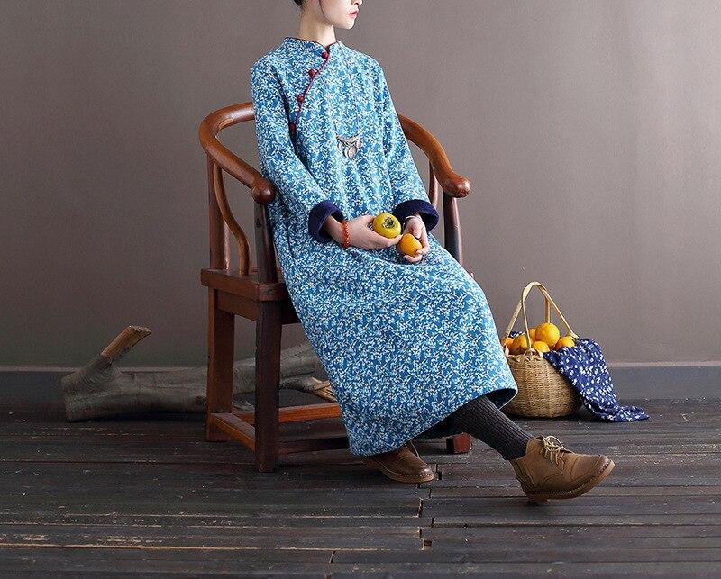 Women Loose Printed Stand Collar Dress Ladies Vintage Print Fleece Dresses Female 2020 Autumn Winter Dress - Omychic