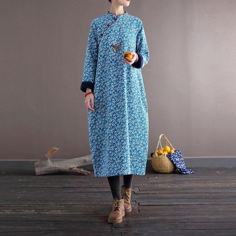 Women Loose Printed Stand Collar Dress Ladies Vintage Print Fleece Dresses Female 2020 Autumn Winter Dress - Omychic
