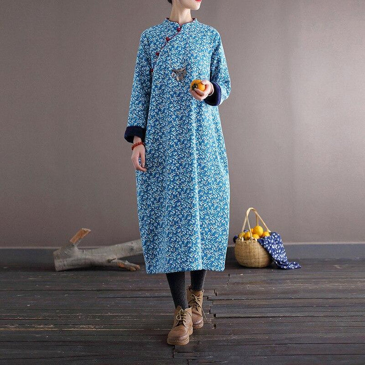 Women Loose Printed Stand Collar Dress Ladies Vintage Print Fleece Dresses Female 2020 Autumn Winter Dress - Omychic