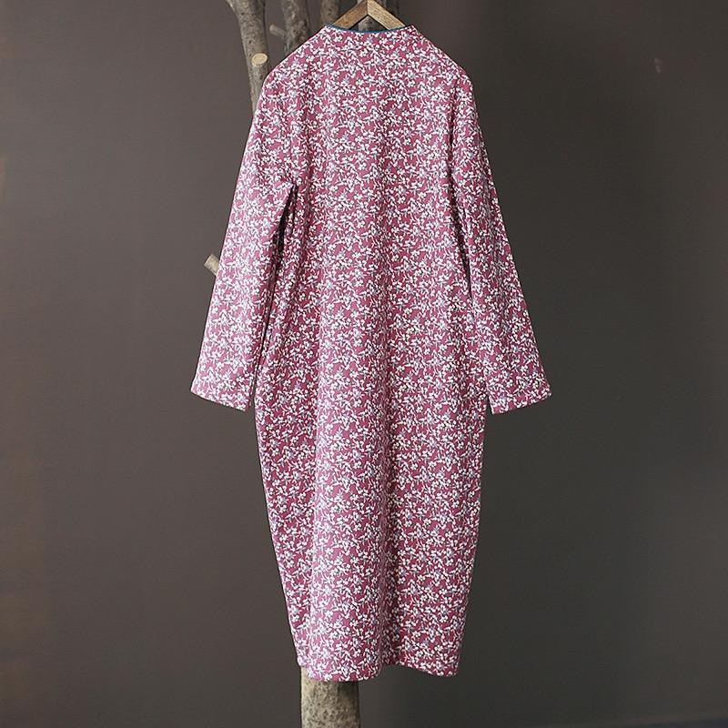 Women Loose Printed Stand Collar Dress Ladies Vintage Print Fleece Dresses Female 2020 Autumn Winter Dress - Omychic