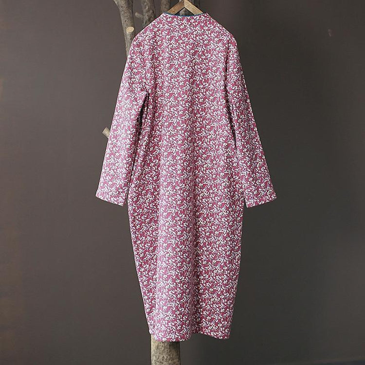 Women Loose Printed Stand Collar Dress Ladies Vintage Print Fleece Dresses Female 2020 Autumn Winter Dress - Omychic