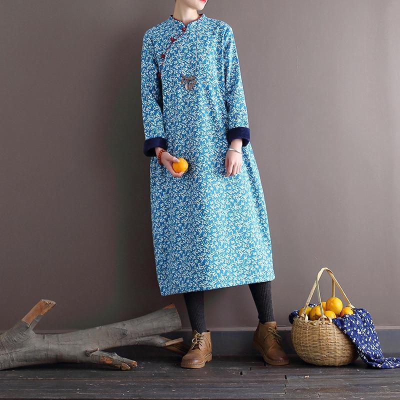 Women Loose Printed Stand Collar Dress Ladies Vintage Print Fleece Dresses Female 2020 Autumn Winter Dress - Omychic