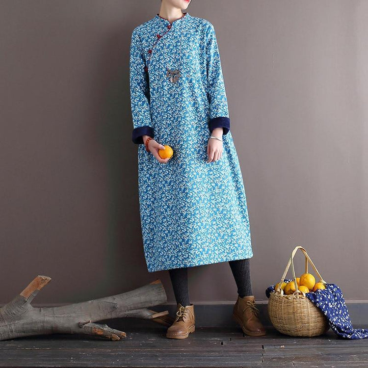 Women Loose Printed Stand Collar Dress Ladies Vintage Print Fleece Dresses Female 2020 Autumn Winter Dress - Omychic