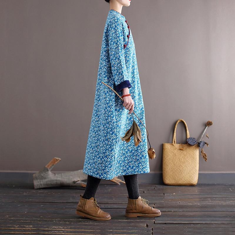 Women Loose Printed Stand Collar Dress Ladies Vintage Print Fleece Dresses Female 2020 Autumn Winter Dress - Omychic