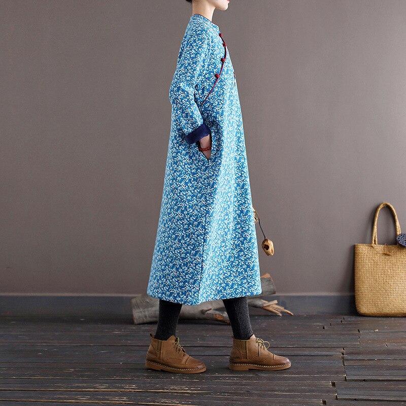 Women Loose Printed Stand Collar Dress Ladies Vintage Print Fleece Dresses Female 2020 Autumn Winter Dress - Omychic