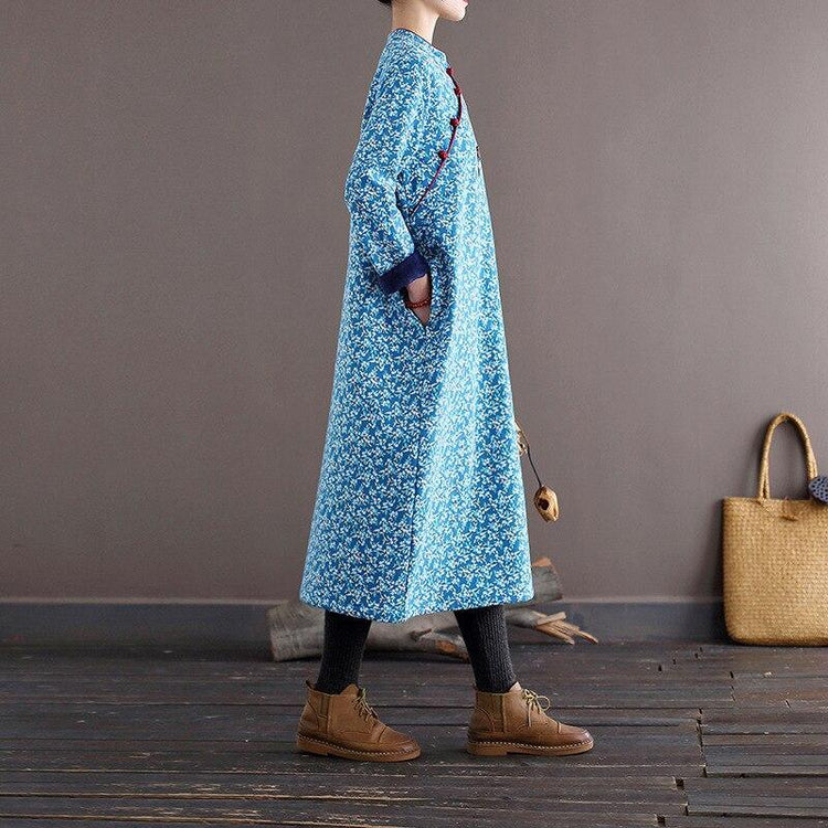 Women Loose Printed Stand Collar Dress Ladies Vintage Print Fleece Dresses Female 2020 Autumn Winter Dress - Omychic