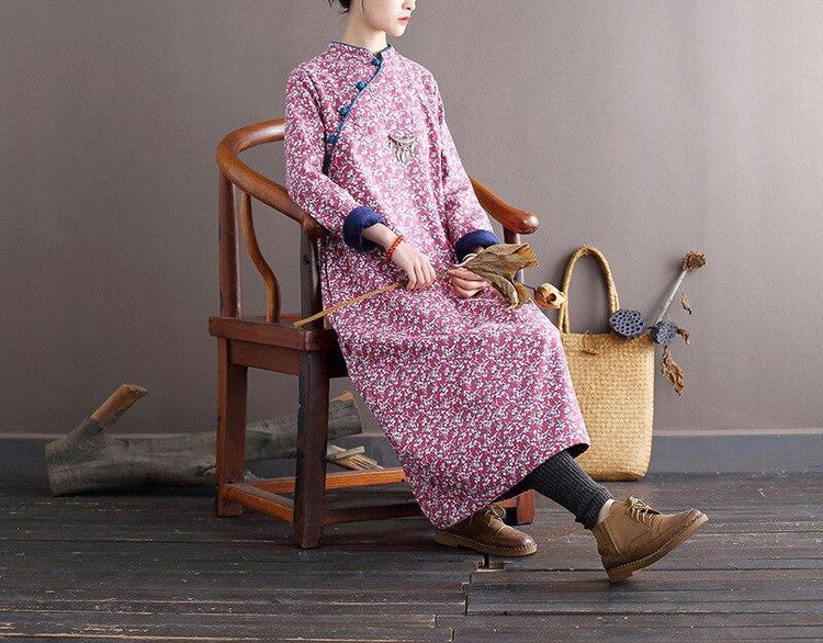 Women Loose Printed Stand Collar Dress Ladies Vintage Print Fleece Dresses Female 2020 Autumn Winter Dress - Omychic