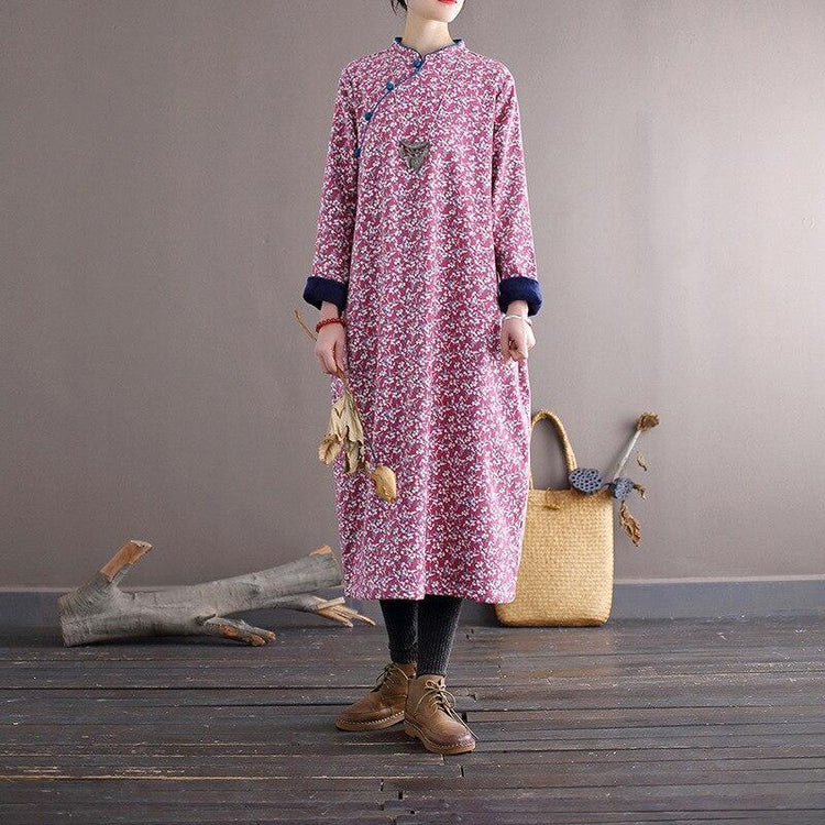 Women Loose Printed Stand Collar Dress Ladies Vintage Print Fleece Dresses Female 2020 Autumn Winter Dress - Omychic