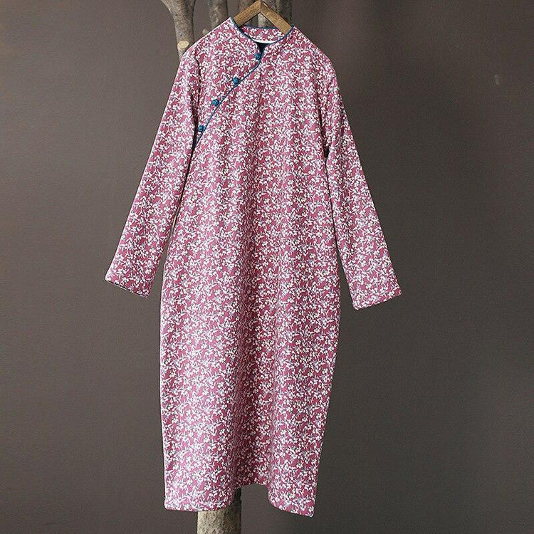 Women Loose Printed Stand Collar Dress Ladies Vintage Print Fleece Dresses Female 2020 Autumn Winter Dress - Omychic