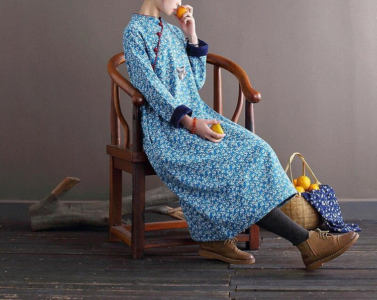 Women Loose Printed Stand Collar Dress Ladies Vintage Print Fleece Dresses Female 2020 Autumn Winter Dress - Omychic