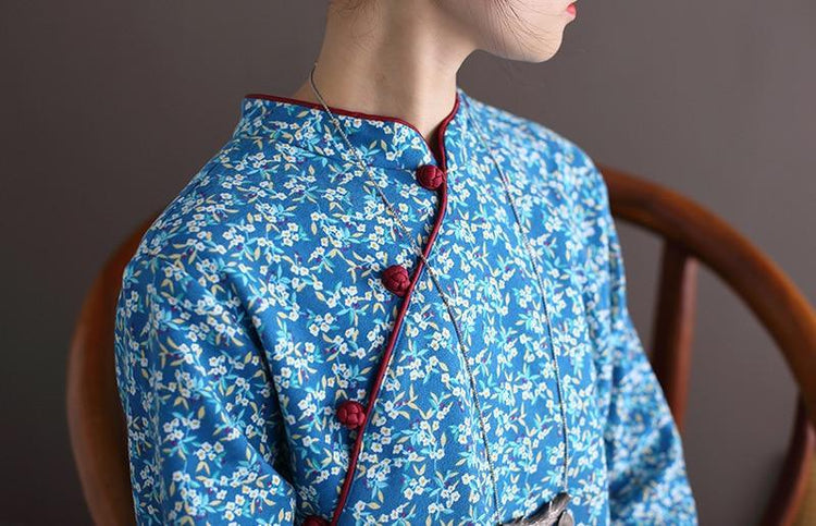 Women Loose Printed Stand Collar Dress Ladies Vintage Print Fleece Dresses Female 2020 Autumn Winter Dress - Omychic