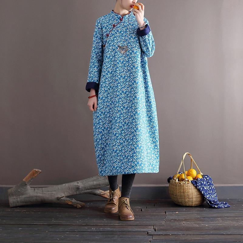 Women Loose Printed Stand Collar Dress Ladies Vintage Print Fleece Dresses Female 2020 Autumn Winter Dress - Omychic
