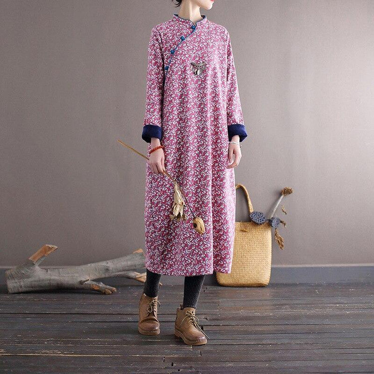 Women Loose Printed Stand Collar Dress Ladies Vintage Print Fleece Dresses Female 2020 Autumn Winter Dress - Omychic