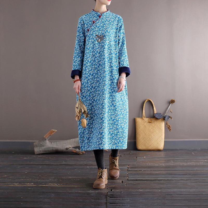Women Loose Printed Stand Collar Dress Ladies Vintage Print Fleece Dresses Female 2020 Autumn Winter Dress - Omychic
