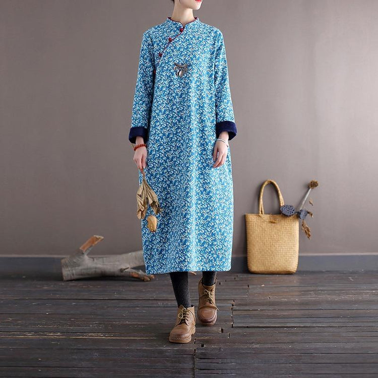 Women Loose Printed Stand Collar Dress Ladies Vintage Print Fleece Dresses Female 2020 Autumn Winter Dress - Omychic