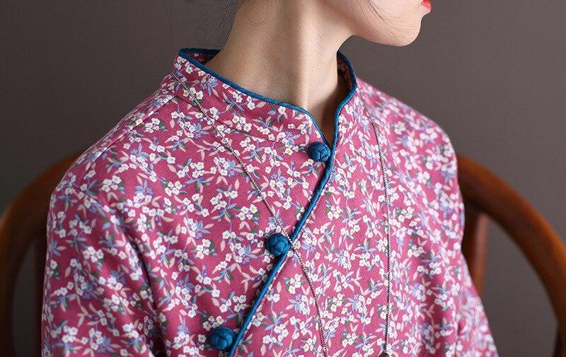 Women Loose Printed Stand Collar Dress Ladies Vintage Print Fleece Dresses Female 2020 Autumn Winter Dress - Omychic