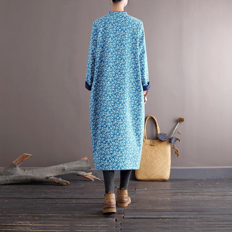 Women Loose Printed Stand Collar Dress Ladies Vintage Print Fleece Dresses Female 2020 Autumn Winter Dress - Omychic