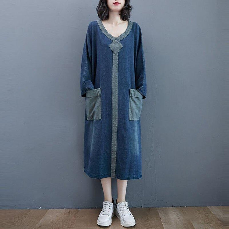 Oversized Women Casual Denim Dresses New 2020 Autumn Vintage Style V-neckLong Dress - Omychic