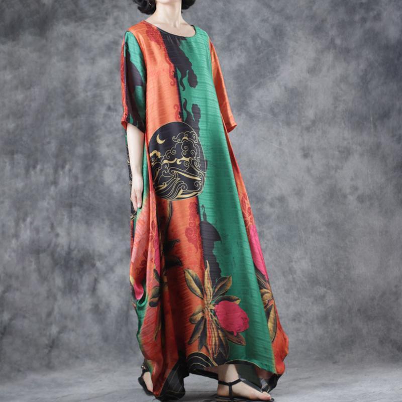 Half Sleeve Round Neck Loose Printed Dress - Omychic