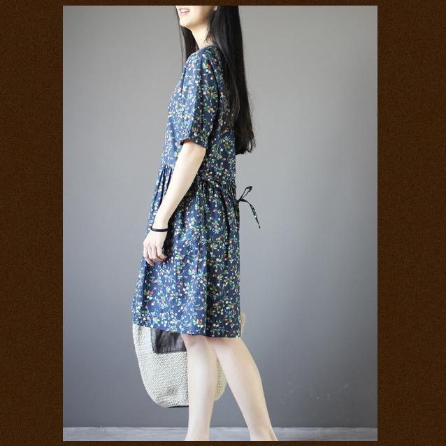 Half sleeve blue print cotton sundress - Omychic