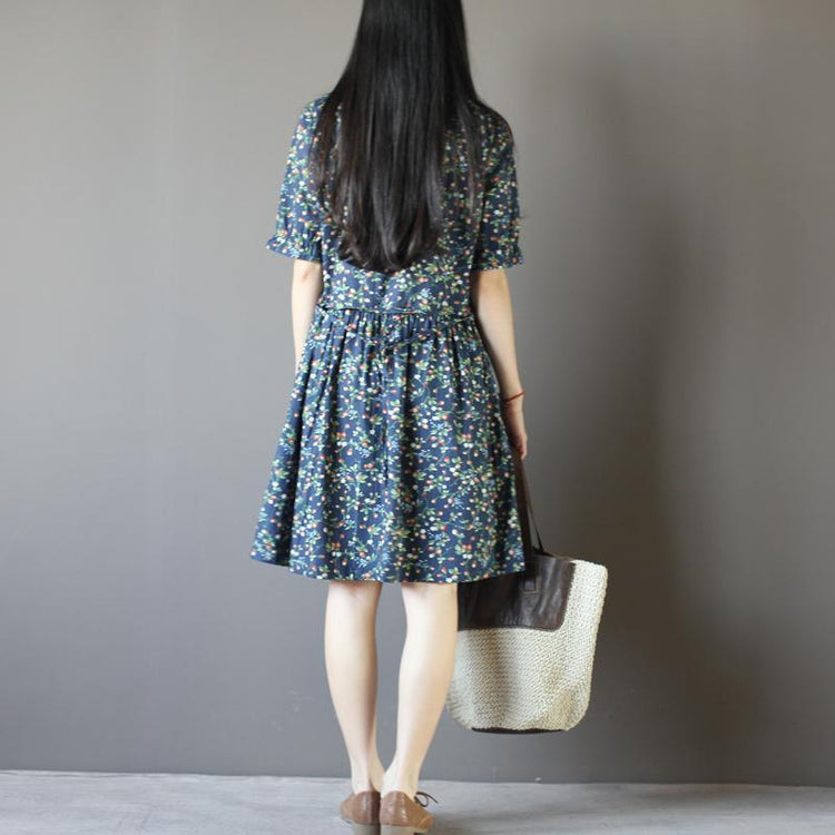 Half sleeve blue print cotton sundress - Omychic