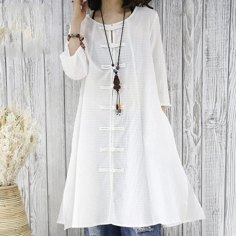 Half sleeve white cotton dress retro cardigan dress summer women shirt blouse top - Omychic