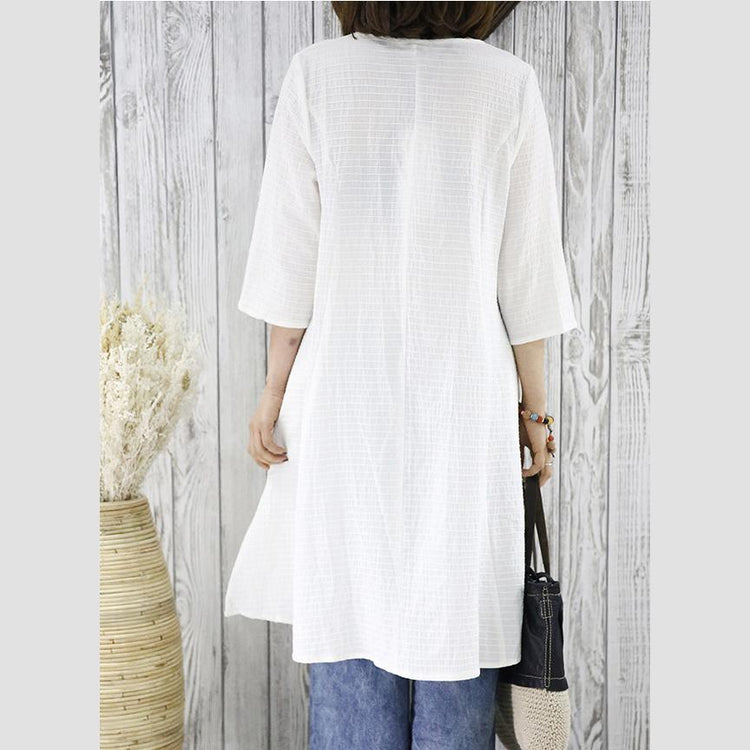Half sleeve white cotton dress retro cardigan dress summer women shirt blouse top - Omychic