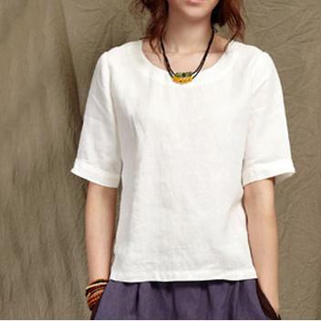 Half sleeve women summer linen shirt linen blouse top oversize - Omychic