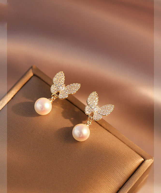 Handmade Apricot Pearl Zircon Asymmetric Butterfly Drop Earrings