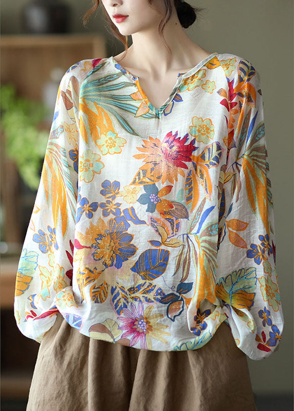 Handmade orange  V Neck Casual Floral Fall Blouse Long sleeve