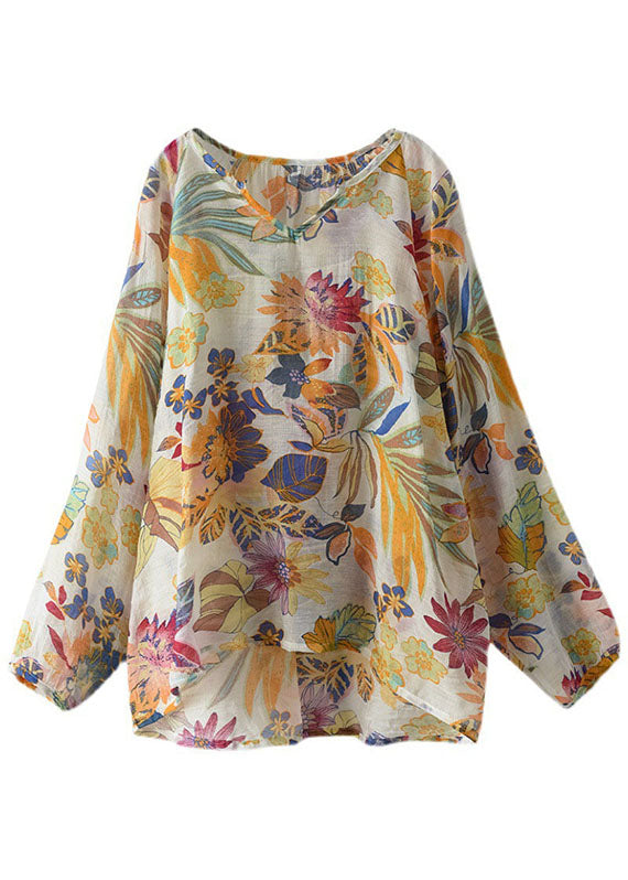 Handmade orange  V Neck Casual Floral Fall Blouse Long sleeve