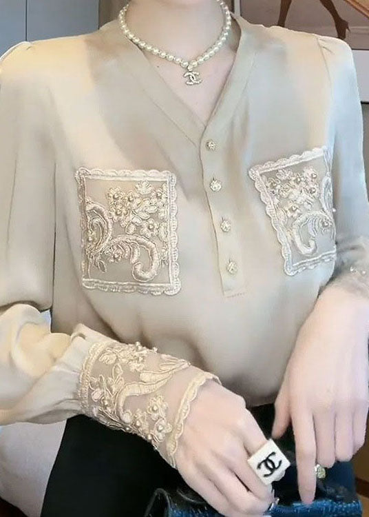 Handmade Apricot V Neck Embroidered Patchwork Chiffon Blouses Spring