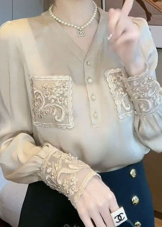 Handmade Apricot V Neck Embroidered Patchwork Chiffon Blouses Spring
