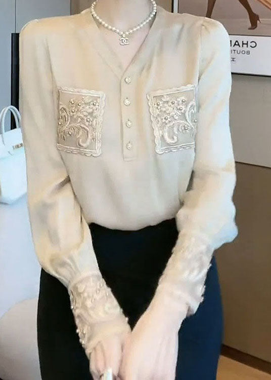 Handmade Apricot V Neck Embroidered Patchwork Chiffon Blouses Spring