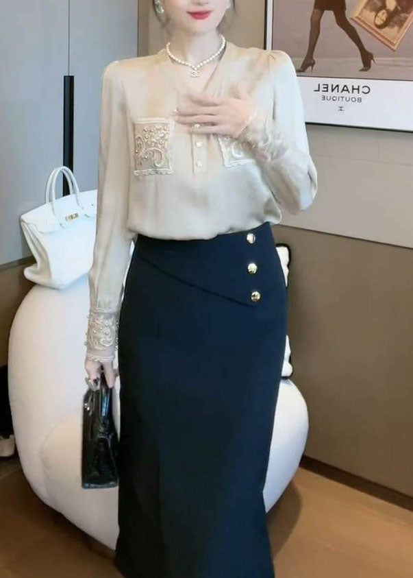 Handmade Apricot V Neck Embroidered Patchwork Chiffon Blouses Spring