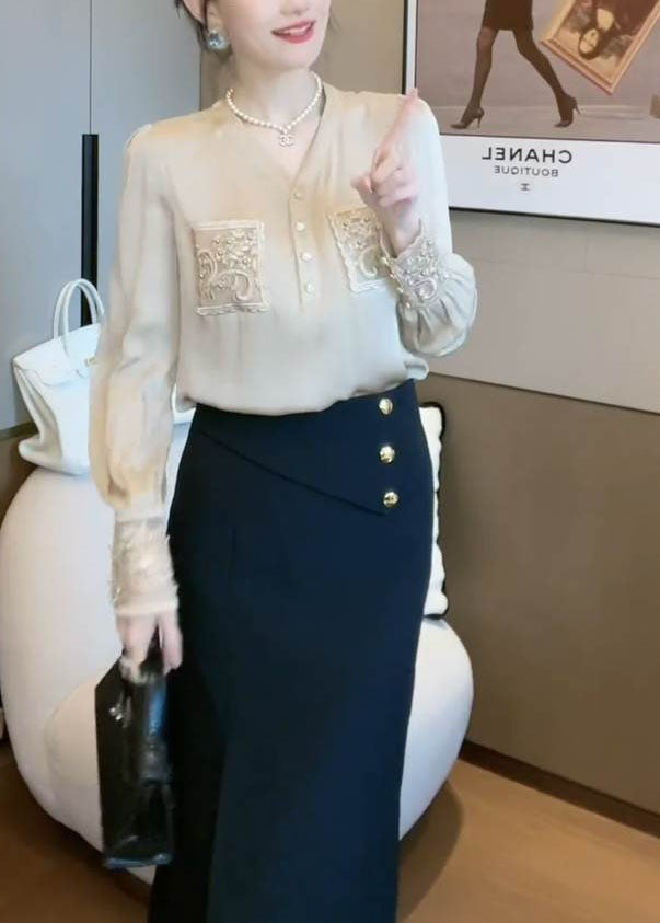 Handmade Apricot V Neck Embroidered Patchwork Chiffon Blouses Spring