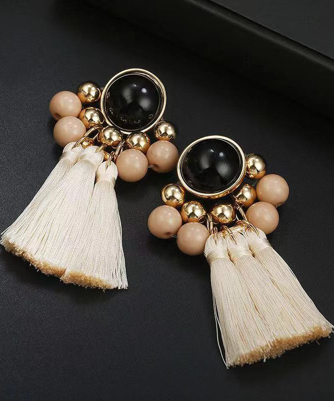 Handmade Beige Alloy Plastics Cotton Thread Tassel Drop Earrings