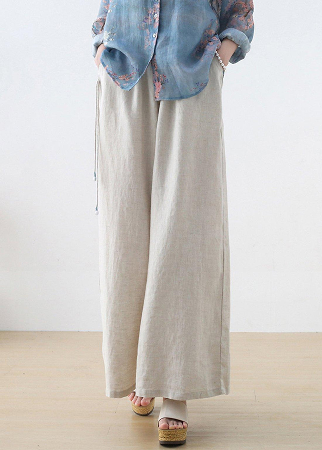 Handmade Beige Elastic Waist Wide Leg Linen Pants - Omychic