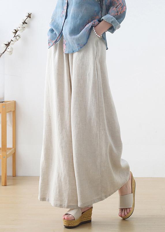 Handmade Beige Elastic Waist Wide Leg Linen Pants - Omychic
