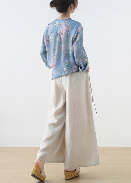 Handmade Beige Elastic Waist Wide Leg Linen Pants - Omychic